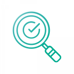 A green magnifying glass with its lens showing a checkmark inside concentric circles, symbolizing verification or approval. The illustration, suggestive of AI in optometry, is simple with clean lines and a white background.